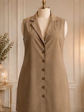 Sleeveless Button-Front Blazer Dress - Taupe